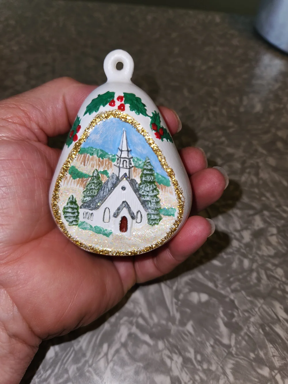 White Bell Ornament with Holly and Winter Chapel Scene